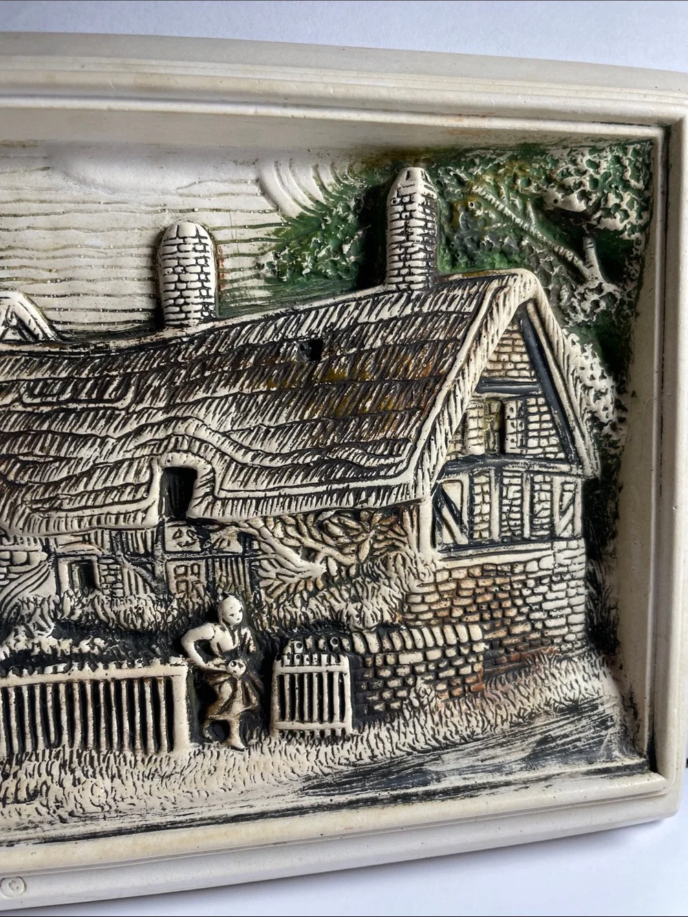 Cottage Scene Relief Wall Plaque in Cream and Green